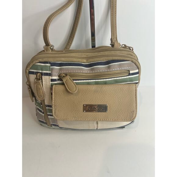 MultiSac Zippy Tan Green Blue Striped Triple Compartment Crossbody Shoulder Bag - Picture 2 of 15